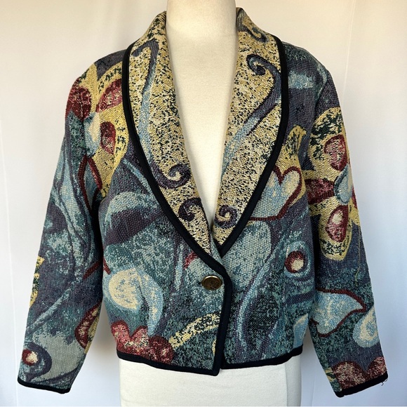 VTG KOKOPELLI WOVEN TAPESTRY ABSTRACT CROPPED BOXY BOLERO JACKET BLAZER SzM - Picture 1 of 12